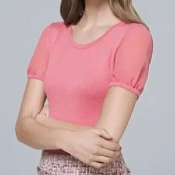 WHITE HOUSE BLACK MARKET WHBM Woven Short Sleeve Top Pink Mixed Media Knit Work - Picture 1 of 14